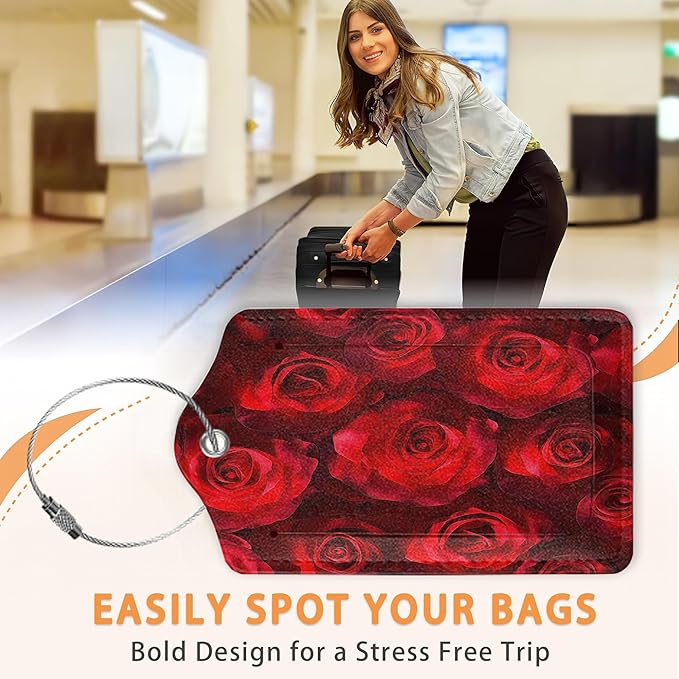 Romantic Elegant Red Roses PU Leather Luggage Tags for Suitcase, Travel Cruise 3 Pack with Privacy Flap, Name ID Label and Metal Loop for Women Men Girls Baggage Bag Backpack
