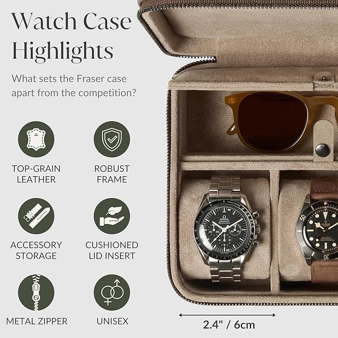 TAWBURY Luxury Leather Watch Box - Unisex Travel Case With Zipper Closure | Taupe Top-Grain Genuine Leather Roll | 3 Watch Carrying Case for Men