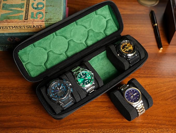 4 slots watch travel case roll, hard watch box storage organizer with soft foam pillows, fit up to 55mm face size watch(green microfiber lining)