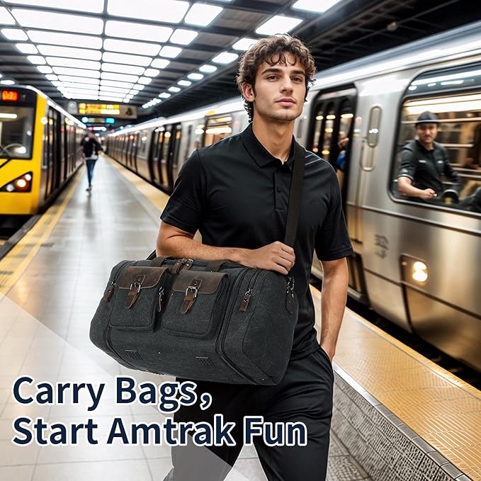 Canvas Duffle Bag with Genuine Leather Accents, Expandable 20-23 Inch Travel Weekender, Multiple Pockets, Black