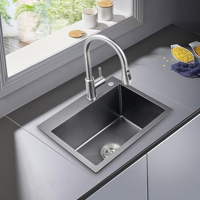 POPFLY 20 Inch Kitchen Sink, 18 Gauge 304 Stainless Steel Single Bowl Drop In Black Bar Deep Small Sink, Modern Top mount Kitchen Prep Sink with Drain Strainer