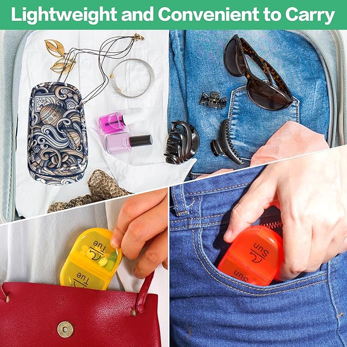 Serfeymi Weekly Travel Pill Organizer 2 Times A Day AM PM Upgraded Rainbow Pill Box 7 Day with Portable Zipper PU Leather Pill Case, Medicine Organizer for Pills, Vitamins, Fish Oils - Brown 03