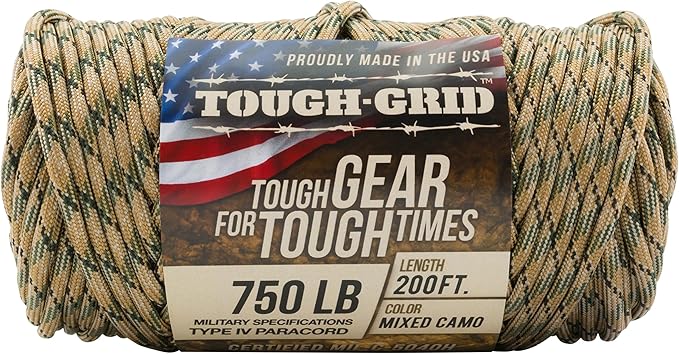 TOUGH-GRID 750 Paracord Rope Nylon Parachute Cord, Made in USA Survival Kit, Outdoor Adventures, Camping, Tactical Gear & Emergency Supplies, Military Type IV Mil-Spec