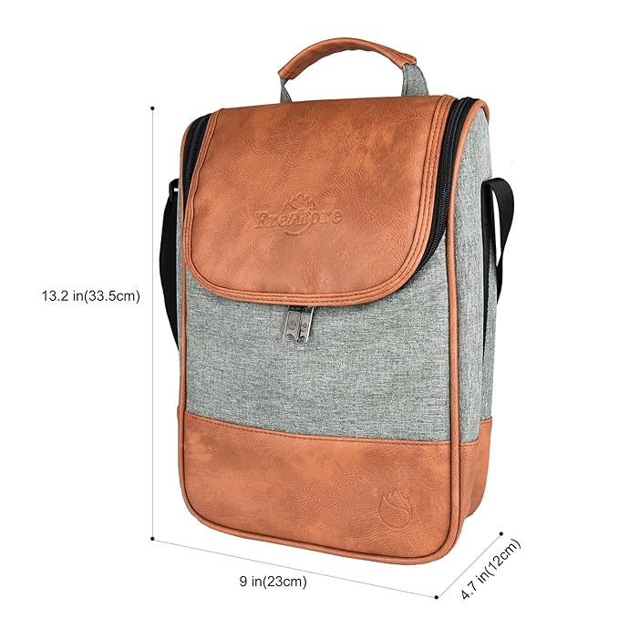 Freshore® Wine Leather Tote Cooler Insulated Bag - Luxury 2 Bottle Carrier Design For Lunch/Travel - Idea Gift For Women/Man (Reserve Place For Corkscrew Opener, Light Brown)