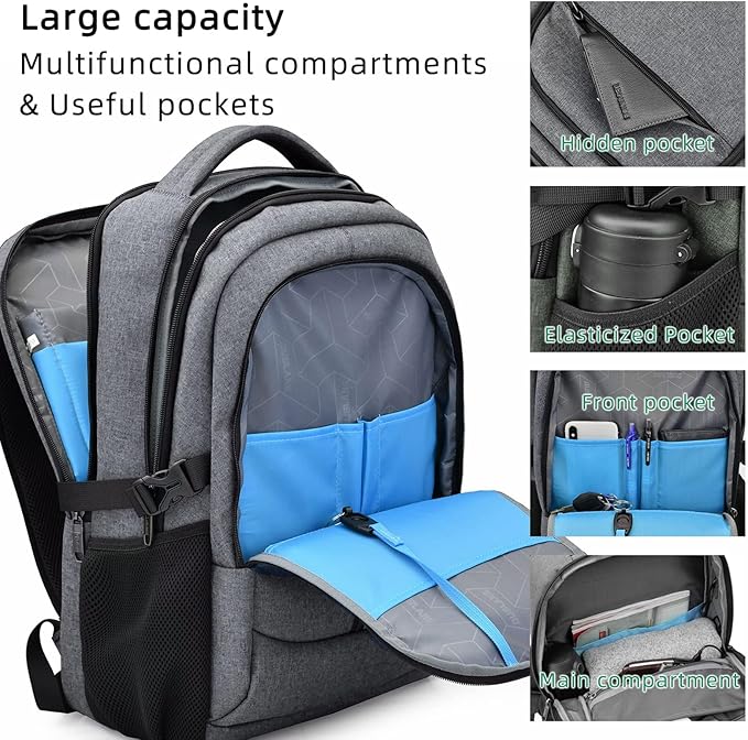DUSLANG 17 Inch Travel Laptop Backpack Water Resistant College Backpack for Men/Women Laptop Bag with USB Charging Port, Light Grey and Black