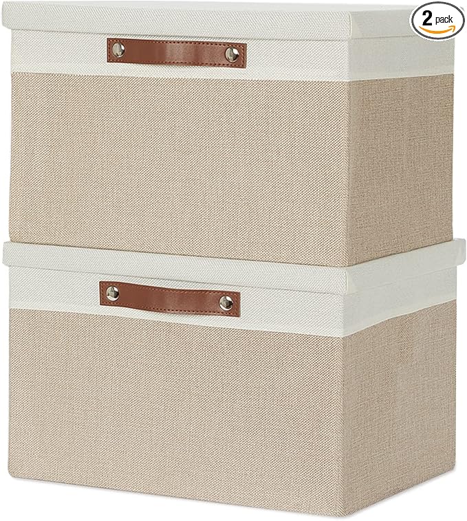Temary Foldable Storage Bins with Lids, [2-Pack] Large Storage Baskets with Lid, Fabric Storage Bin for Organizing Home (White & Khaki, 15x11x9.5inch)