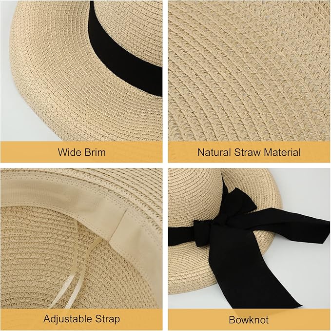 Surblue Straw Summer Hat Women's Floppy Sun Hat Wide Brim Beach Bow Hat