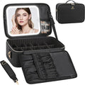 Relavel Makeup Bag with LED Mirror Travel Train Case Large Cosmetic Bags Organizer with Lighted Up Mirror with 3 Color Lights, Adjustable Brightness, Adjustable Dividers and Shoulder Strap (Black)