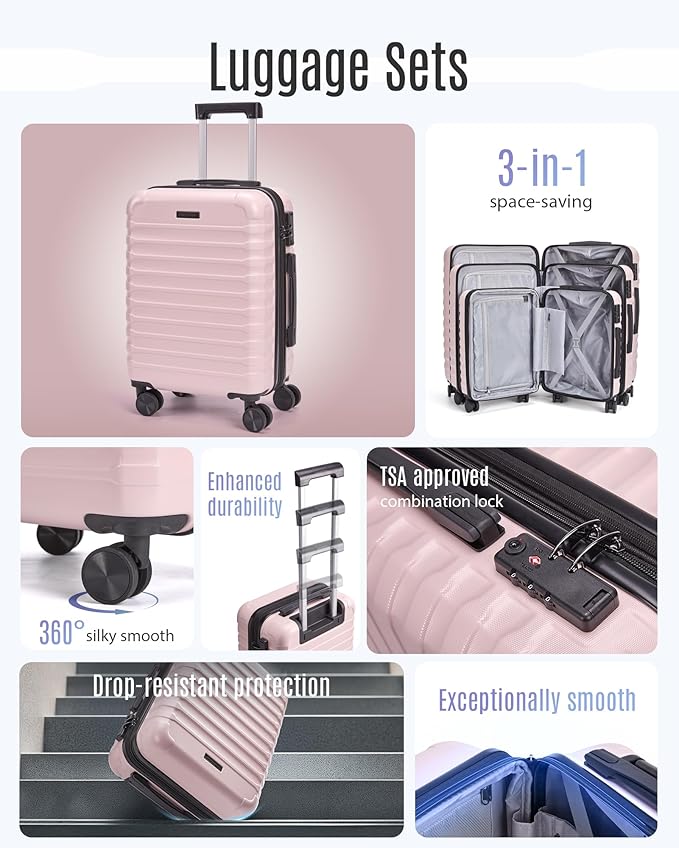 LIGHT FLIGHT Luggage Sets, 3 Piece Durable Suitcase Set with Spinner Wheels, 3 Pcs Hardside Lightweight luggage with TSA Lock, Large Checked Travel Suitcases, 20/24/28 Inch, Pink