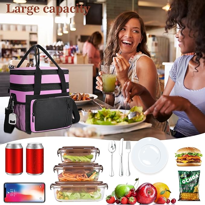 Insulated Lunch Bag Women | Large Adult Lunch Box | Double-Layer Reusable Lunch Bags | Leak-Proof Tote Cooler Bag for Work Picnic Outdoors | 16L, Pink