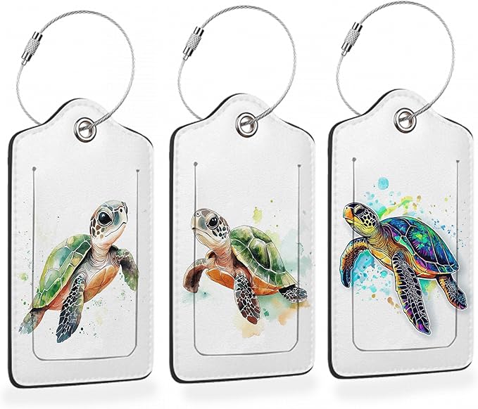 Abstract Colorful Sea Turtle 3 PCS PU Leather Luggage Tags for Suitcase, Luggage Tag with Privacy Flap, Name ID Label and Metal Loop for Women Men Baggage Handbag School Bag Backpack