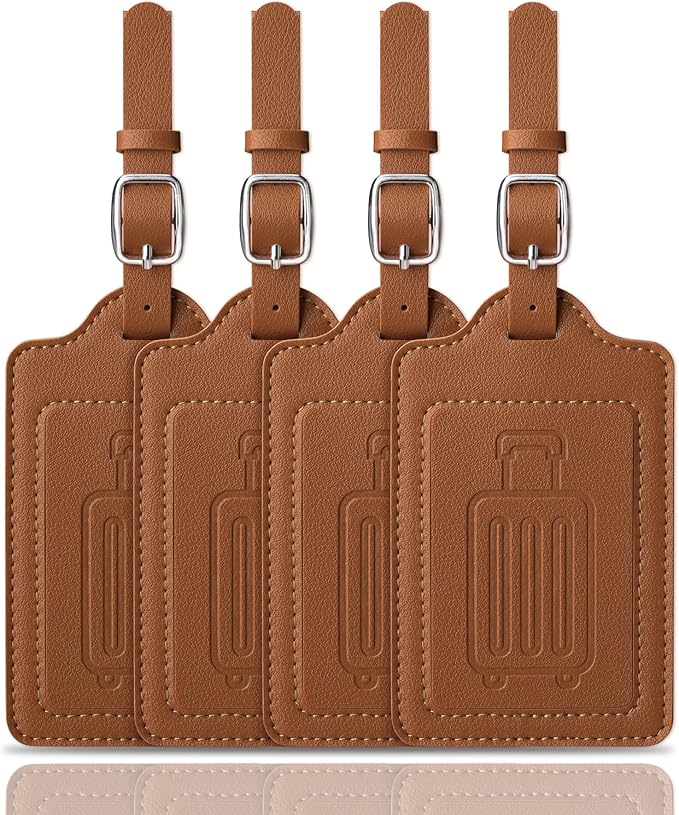Teskyer Luggage Tags for Suitcases, TSA Approved with Privacy Protection Cover, Premium Faux Leather Bag Tags for Travel - 4 Pack, Brown