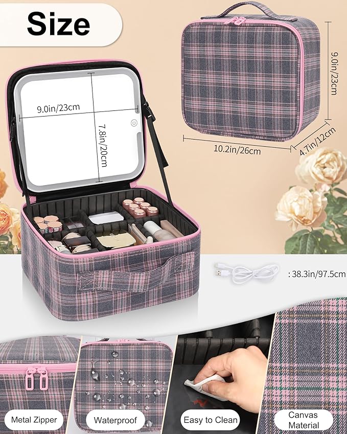 Makeup Bag With LED Mirror, Travel Makeup Case with Light up Mirror Large Cosmetic Case with 3 Color Lighted Portable Organizer Bag with Adjustable Dividers(Pink/Grey Stripes-Canvas, Small)
