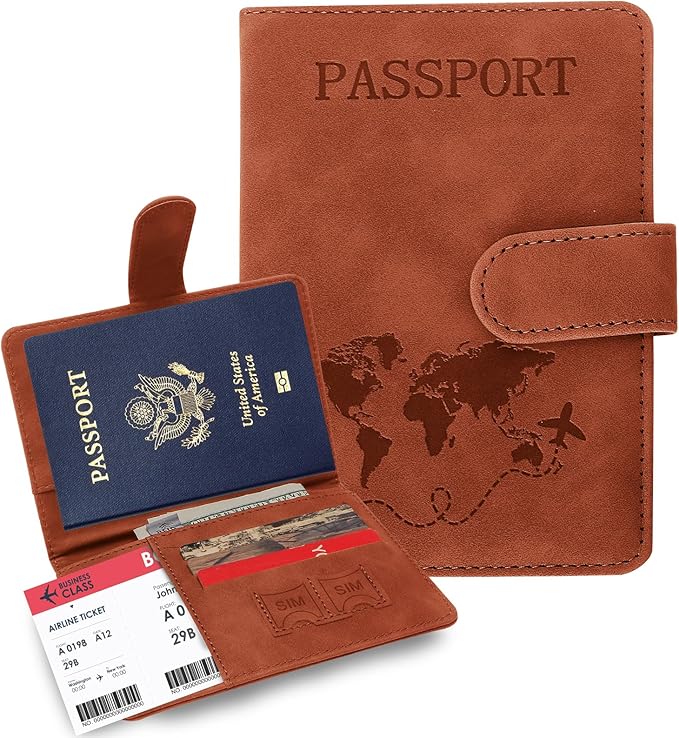 Passport Holders, RFID Blocking Credit Card Holder, PU Leather Passport Holders for Travel with Magnetic Buckle, Travel Must Haves Cruise Ship Essentials for Men, Women (Brown)