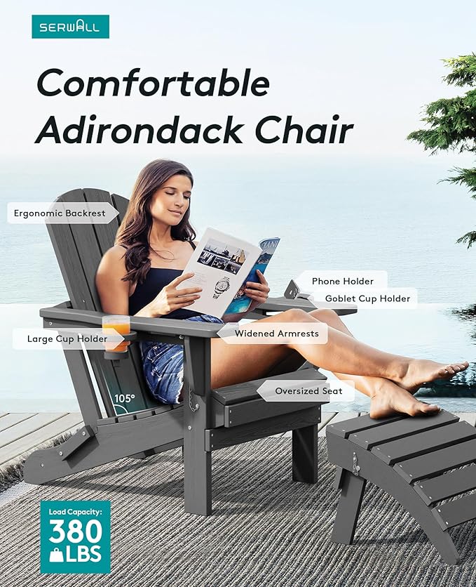 SERWALL Foldable Adirondack Chair Set of 8, Oversized HDPE Adirondack Chair with Wood-Texture-Gray