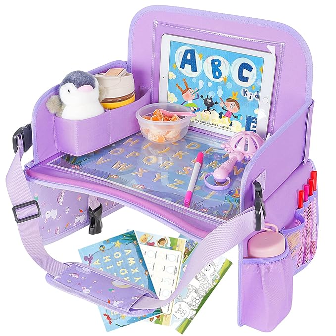 MENZOKE Car Seat Tray for Kids Travel, Kids Travel Tray with Educational Drawing Board, Tablet Holder & Cooler Cup Holder, Holiday Gifts for Car Trip, Purple