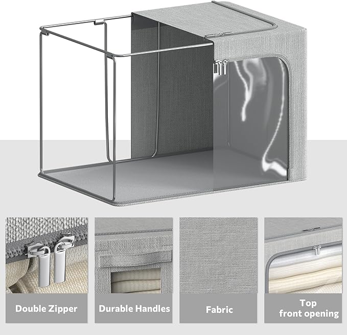 4 Pack Clothes Storage Bins with Metal Frame - Linen Fabric Foldable Stackable Container Organizer Set with Clear Window & Carry Handles & Zippers (Light Grey, 19.7"x15.7"x13")