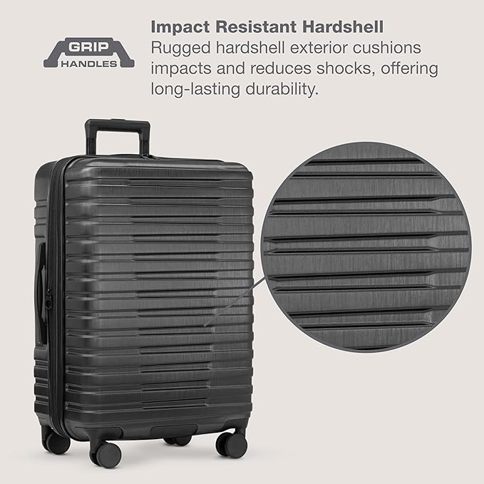 U.S. Traveler Boren Polycarbonate Hardside Rugged Travel Suitcase Luggage with 8 Spinner Wheels, Aluminum Handle, Black, 3-Piece Set, USB Port in Carry-On