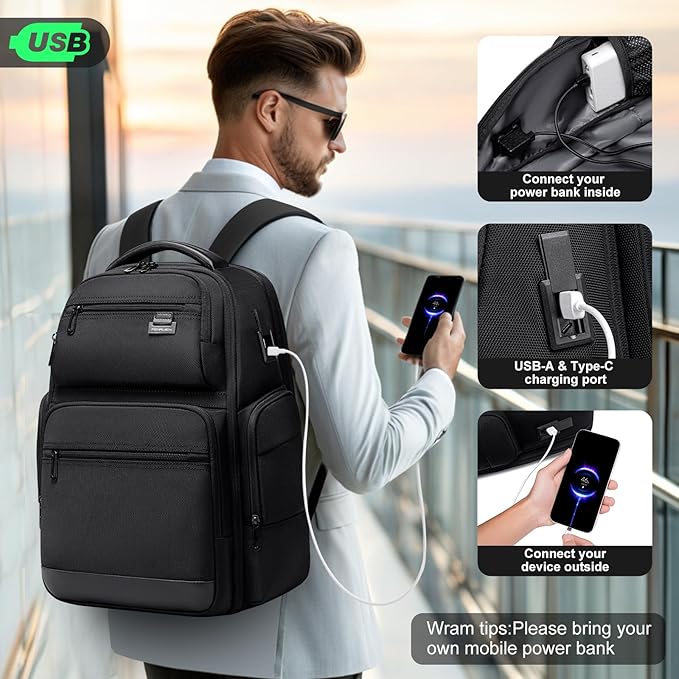 FENRUIEN Business Travel Backpack for Men,Large Capacity Laptop Backpack with USB Charging Port,Multifunctional Water Resistant Expandable Black Bag Fits 15.6 Inch computer