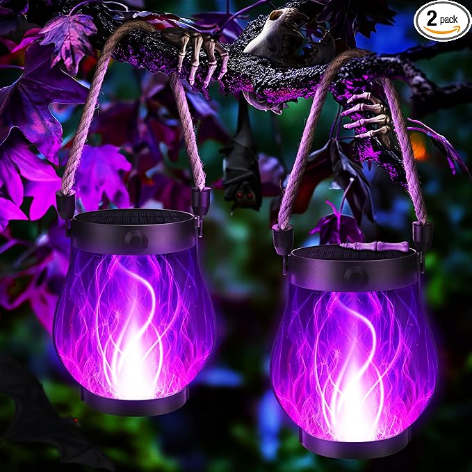 Halloween Solar Flame Lantern Hanging Outdoor Waterproof Purple - 2 Pack Flame Lanterns with Dual Charging Modes of Solar & USB for Garden or Yard Halloween Decorations (Purple - 2 Pack)