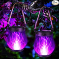Halloween Solar Flame Lantern Hanging Outdoor Waterproof Purple - 2 Pack Flame Lanterns with Dual Charging Modes of Solar & USB for Garden or Yard Halloween Decorations (Purple - 2 Pack)