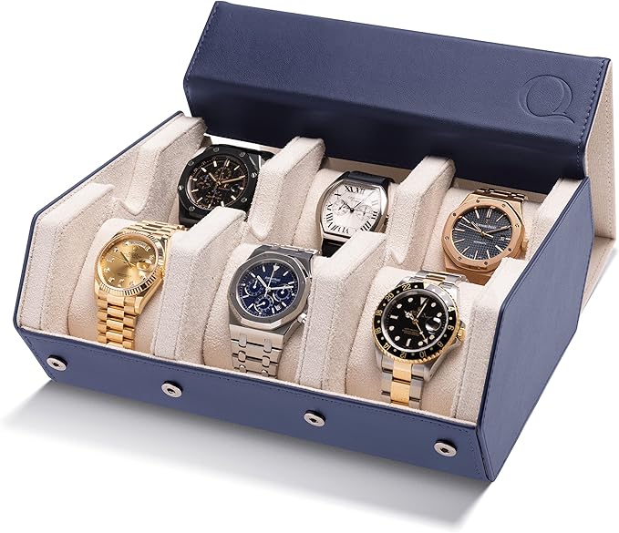 Napa Leather Watch Case for Men - Watch Roll Storage Organizer & Watch Display - Six Slot Luxury Watch Box for Home or Travel - Mens 6 Watch Holder Case (Blue Cream)