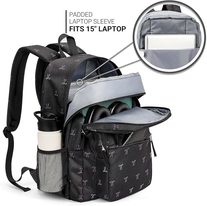 ZORFIN 26L Backpack for College, and Travel: Water Resistant Bookbag - Bow Black