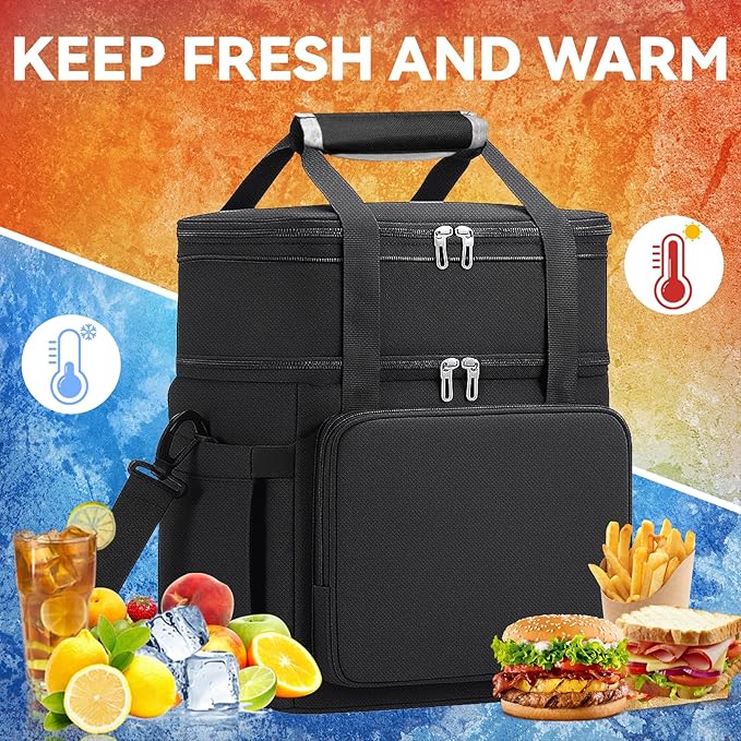 Lunch Box for Men Women, Large Expandable Insulated Lunch Bag, Double Deck Leakproof Cooler Bag for Adults Work Office Outdoor Beach Trips, Black 16L