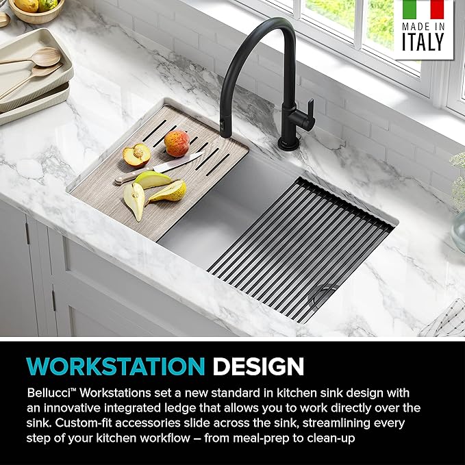 KRAUS Bellucci Workstation 32 in. Undermount Granite Composite Single Bowl Kitchen Sink in White with Accessories with WasteGuard™ Continuous Feed Garbage Disposal, KGUW1-33WH-100-75MB