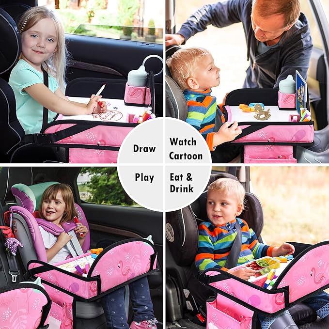 Kids Travel Tray, Car Seat Tray for kids Travel, Toddler Road Trip Essentials With Drawing Kit, Toddler Lap Desk Organizer for Car, Carseat Table for Airplane