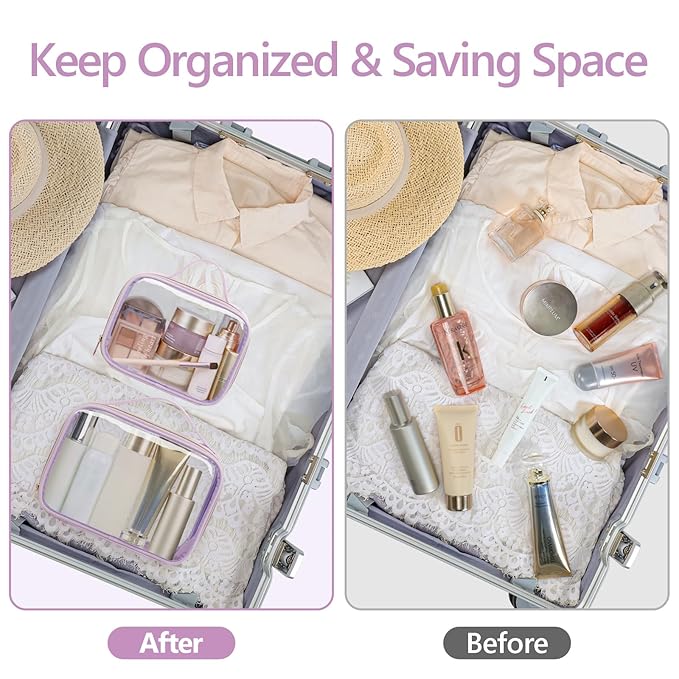 PACKISM Clear Makeup Bag - 2 Pack TSA Approved Toiletry Bag with Handle and 180° Large Opening, Sturdy Clear Toiletry Bag Fit Carry-on Travel Essential, Travel Bags for Toiletries, Purple