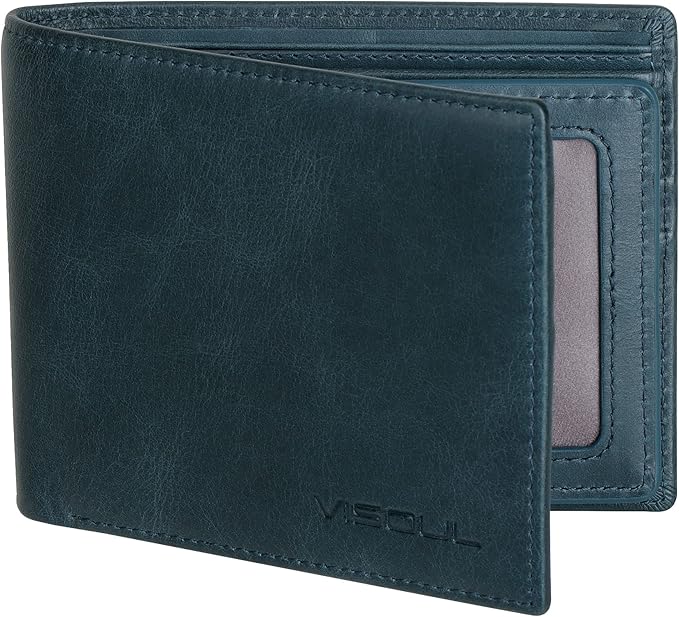 VISOUL Mens Bifold Leather RFID Blocking Wallet with 2 ID Windows, Soft Genuine Leather Card Holder Wallet with 2 Cash Compartments for Men (Dark Blue)