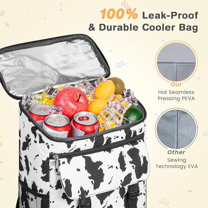 Cooler Backpack Soft Insulated Leak Proof 30 Cans Insulated Backpack Cooler Portable Picnic Camping Beach Hiking BBQ Lunch Backpack for Men and Women -Cow Color