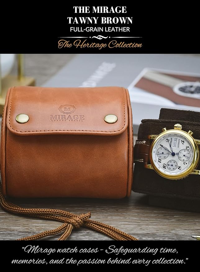 Leather Watch Rroll Travel Case Single Watch Roll Holder Tawny Brown Full Grain Cow Leather - Mirage Heritage Collection