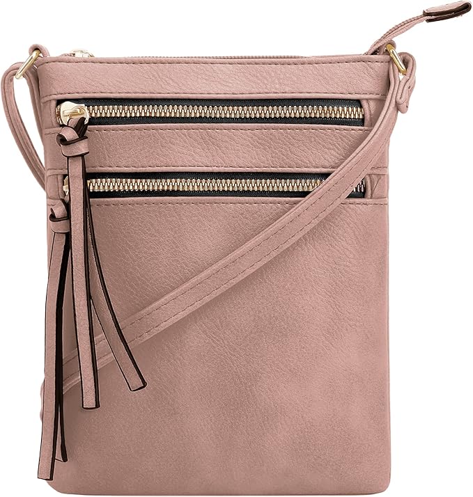 DELUXITY | Crossbody Purse Bag | Functional Multi Pocket Double Zipper Purse | Adjustable Strap | Medium Size Purse |Mauve