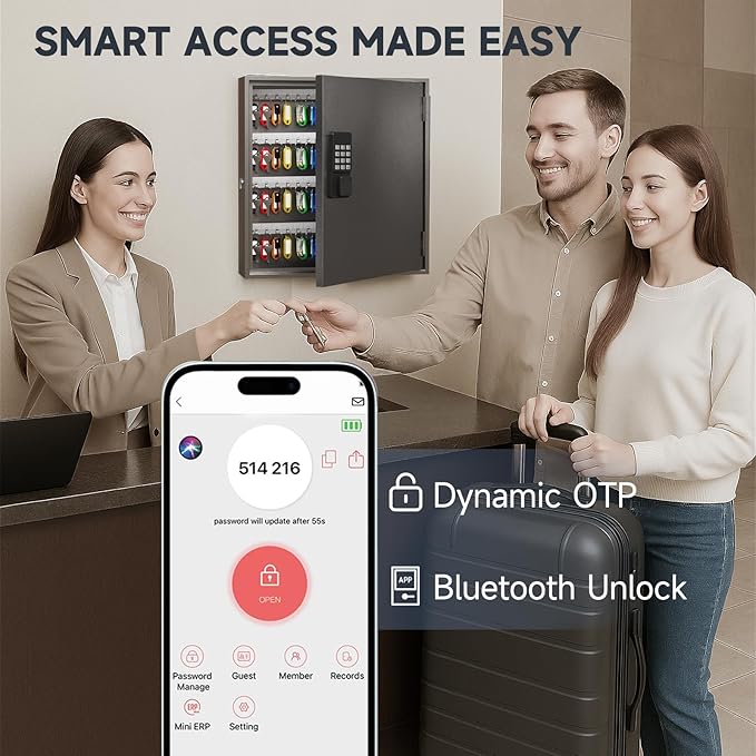 WeHere Smart Key Lock Box, Wall Mounted Key Cabinet with 120 Key Tags, Bluetooth App Control, OTP & Password Unlock, Wi-Fi Remote Unlock (Bridge Required), Steel Key Safe for Office Home Business