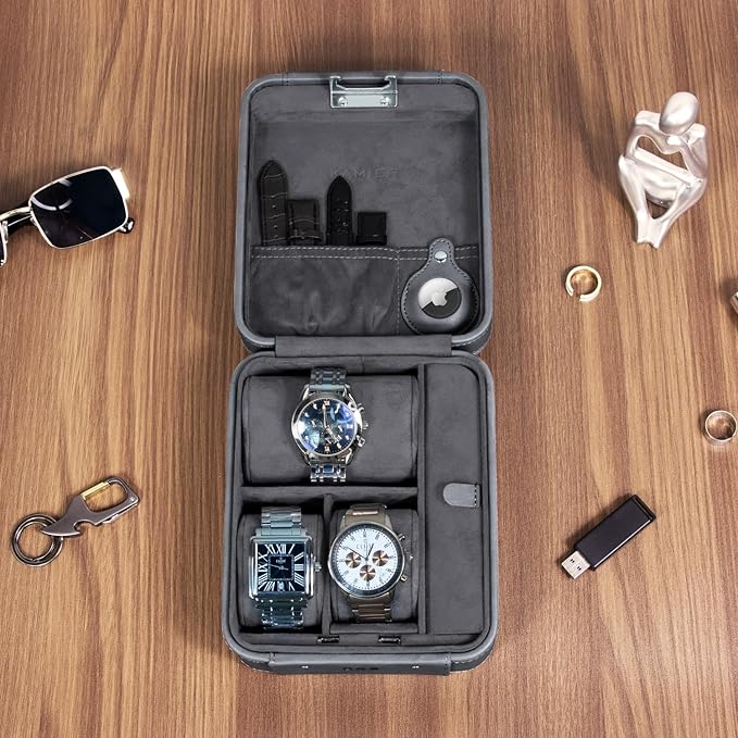 KAMIER Watch Case with Combination Lock - 4 Watch Storage and Jewelry Organizer - Watch Travel Case for Ring and Watch Storage, PU Leather Travel Watch Case, Ideal for Gift (With Gift Box), Grey
