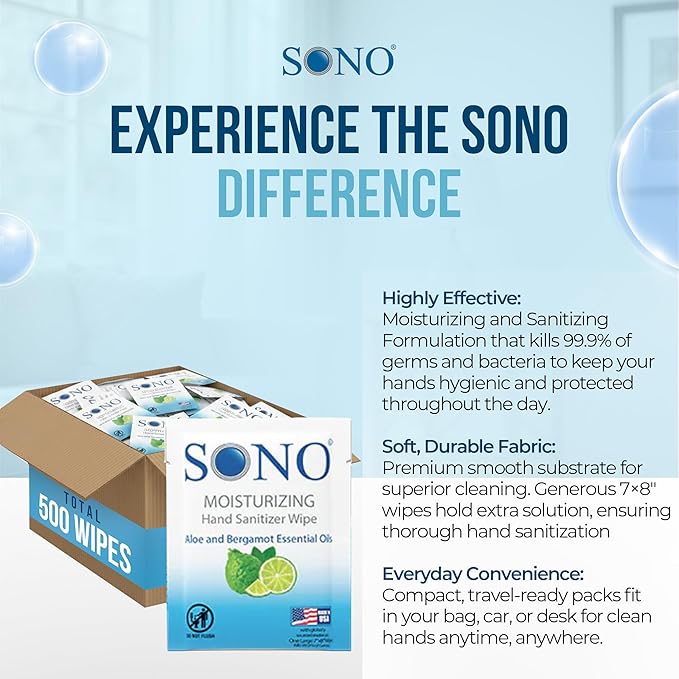 SONO Alcohol-Free Sanitizing Hand Wipes with Bergamot & Aloe Essential Oil - Hospital-Grade Disinfectant - Individually Wrapped Travel Size - 500 Pack - Gentle Cleaning & Germ Protection Anywhere