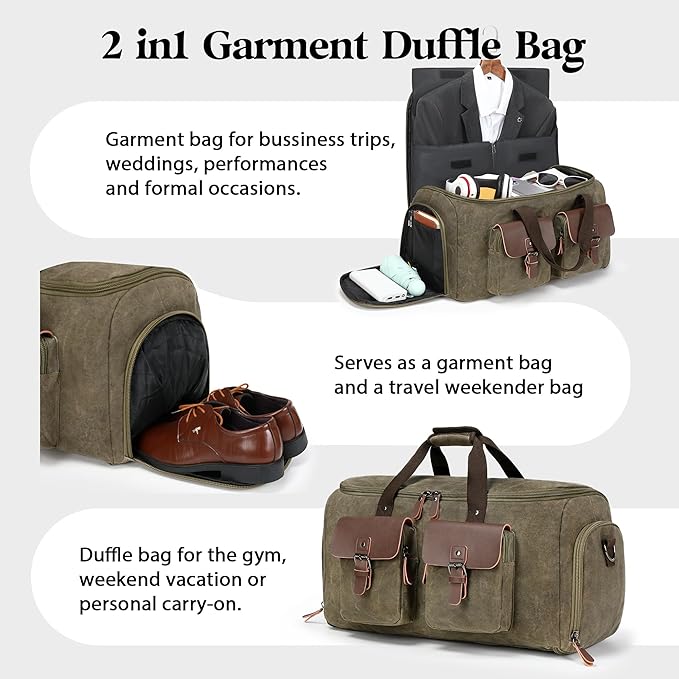 Waxed Canvas Garment Bags for Travel, Convertible Carry On Garment Duffel Bag for Men Women, 2 in 1 Suit Bag Hanging Suitcase Business Travel Bag with Shoe Compartment (Vintage Grey, XL)
