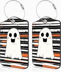 Halloween Set of 2 Luggage Tags Cute Ghost on Black and White Stripes Luggage Tags for Suitcases Leather Suitcase Tags with Privacy Name Address Label and Stainless Steel Loop for Women Men Travel Bag
