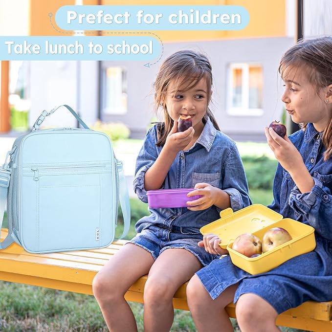 NOL Nylon Waterproof Kids Lunch Bag, Insulated Lunch Bag, Lunch box Cooler, Reusable, Zip Closure with Buckle Handle Holds Lunch Box, Snacks & Water Bottle for School Work, Light blue