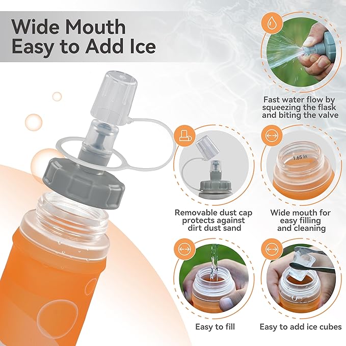 MARCHWAY Soft Hydration Flask with Wide Mouth, 300ml/500ml Collapsible TPU Water Bottle, Leakproof Portable Flexible for Running, Hiking, Cycling, Climbing, Gym, Travel (2pcs Orange 500ml)