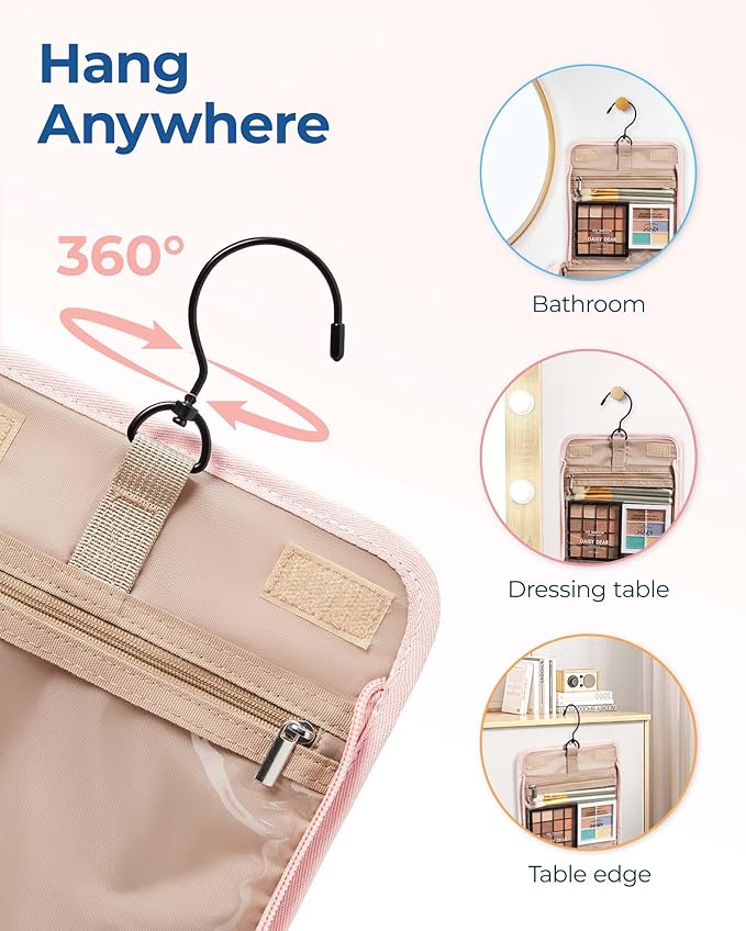 BAGSMART Makeup Bag for Women with Hanging Hook, Large Portable Capacity Water-resistant Organizer Travel Case for Toiletries and Cosmetics, Pink