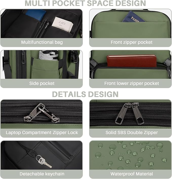 Travel Backpack Carry On Flight Approved, Lightweight Large Travel Backpack, Expandable with USB Charging Hole, Waterproof Causal Bookbag for Travel Work College Fits 17 inch Laptop, Green