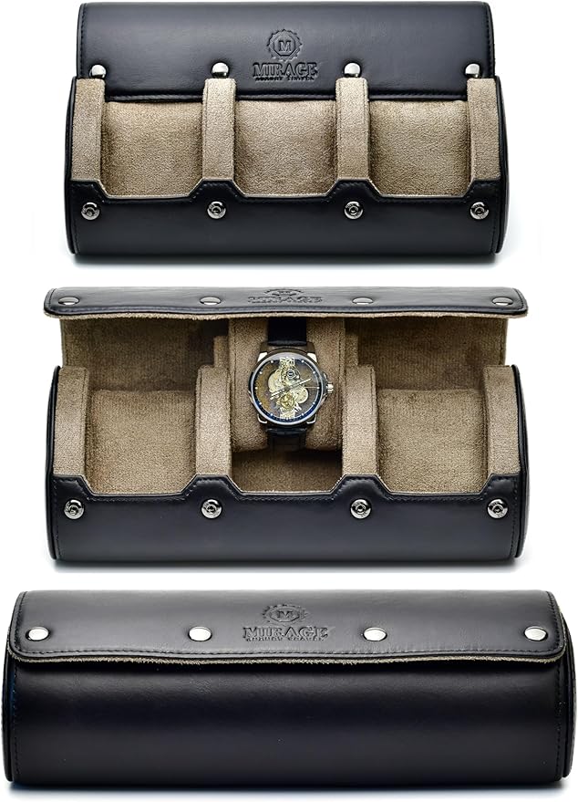 Watch Roll Travel Case Leather – 3 Slot Watch Holder Storage for Travel – Black Full Grain Cow Leather (Beige Interior)