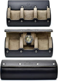 Watch Roll Travel Case Leather – 3 Slot Watch Holder Storage for Travel – Black Full Grain Cow Leather (Beige Interior)