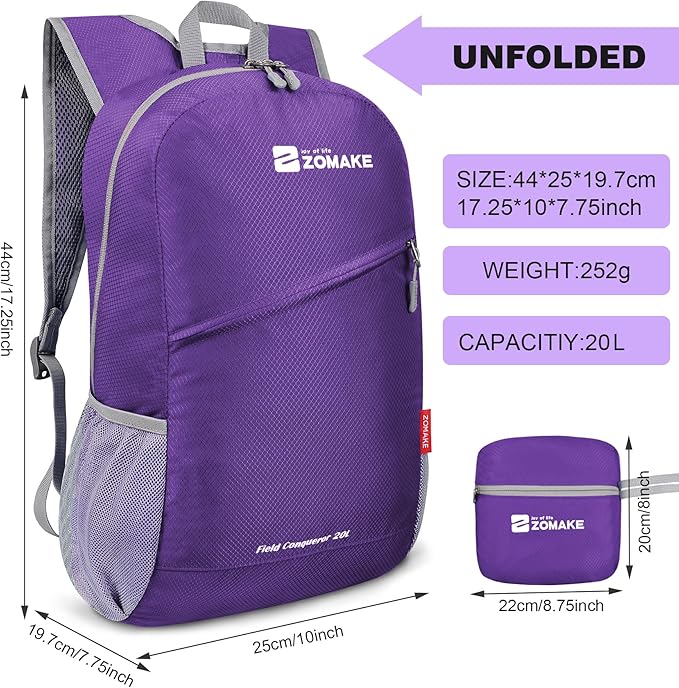 ZOMAKE Lightweight Packable Backpack 20L, Foldable Backpacks Small Daypack for Hiking Water Resistant Day Bag for Travel