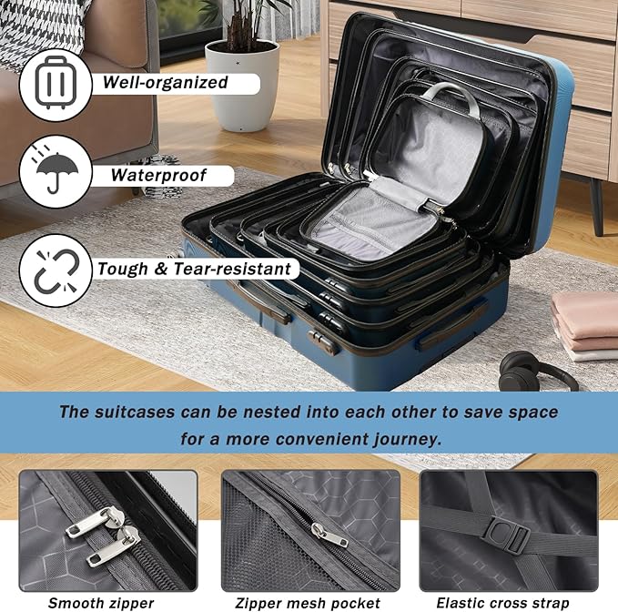 Merax Luggage Sets 6 Piece Hardshell ABS Suitcases with 8 Silent Spinner Wheels Durable and Lightweight Travel Luggage for Family Trips Ink Blue