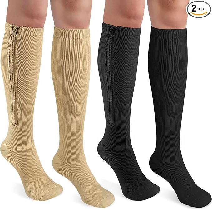 CASMON 2 Pairs Zipper Compression Socks for Women & Men,15-20 mmHg Closed Toe Knee High Support Sock for Varicose Vein Edema