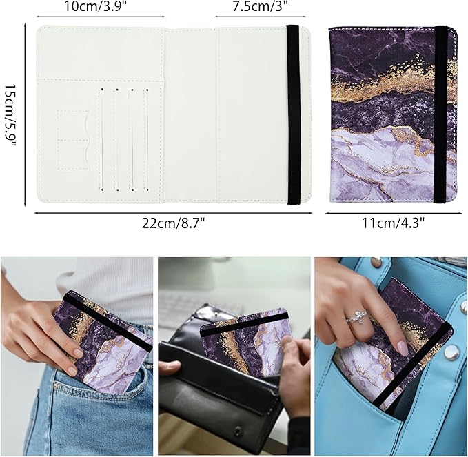 Passport Holder for Women and Men PU Leather Passport Cover for Travel (Black Marble)